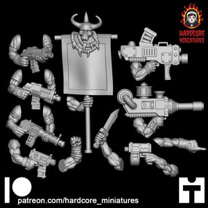 May include: A set of 3D printed miniature arms holding various weapons, including a pistol, a rifle, and a grenade launcher. The arms are posed in different positions, and the weapons are detailed and realistic. The miniatures are printed in a light gray color and are ready to be painted.