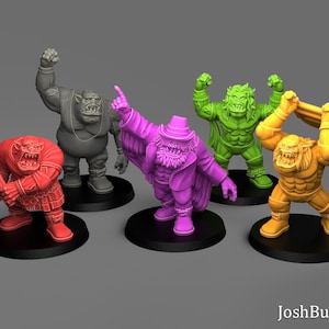 May include: A collection of five colorful fantasy figurines. The figures are in shades of red, gray, green, purple, and yellow. Each figure is posed in a dynamic action stance, with a detailed design and texture. The figurines are on black circular bases.