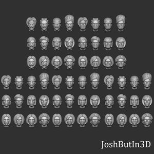 Könnte beinhalten: Eine Sammlung von 3D-gedruckten weiblichen Kopfmodellen mit verschiedenen Frisuren und Gesichtsausdrücken. Die Köpfe sind in einem neutralen Grauton gehalten und zeigen unterschiedliche Haarschnitte, von Bobs bis zu langen Wellen. Der Text "JoshButIn3D" ist unten.