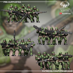 May include: A set of 15 pre-supported 3D printed miniature figures of soldiers wearing green and brown armour, holding rifles and other weapons. The miniatures are posed in various combat stances. The miniatures are from the Good Game Wargame Patreon page.