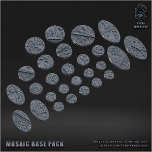 May include: A collection of gray mosaic-patterned miniature bases in various shapes and sizes, including circles and ovals. The bases have a textured, weathered appearance, suggesting a stone or concrete material. The text "MOSAIC BASE PACK" is displayed at the bottom.