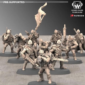 May include: A group of miniature figurines of soldiers in military uniforms, carrying weapons and equipment. The figures are in various poses, some holding flags. The image includes the text "PRE-SUPPORTED" and the Good Game Wargame logo.