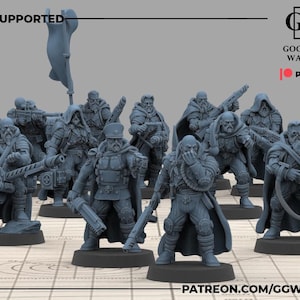 May include: A group of pre-supported miniature figurines of soldiers in tactical gear, holding weapons. The figures are in a gray color, with detailed armor and weaponry. The image includes the text "GOOD GAME WARGAME" and "PATREON".