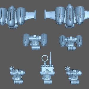 May include: A set of 3D printed model parts for a sci-fi spaceship. The parts include a main body, two side wings, and a set of engines. The model is made of a light gray plastic.