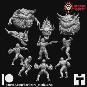 Könnte beinhalten: Eine Sammlung grauer Miniaturfiguren, darunter Dämonen, ein Schädel mit Flammen und ein Soldat mit einer Waffe. Das Hardcore Miniatures Logo und ein Patreon-Link sind unten sichtbar.