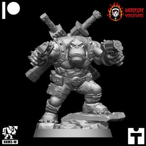 May include: A gray, detailed miniature figure of a muscular, anthropomorphic character with a duck-like face, holding two pistols. The figure has two swords strapped to its back and wears tactical gear. The figure is standing on a rocky base.
