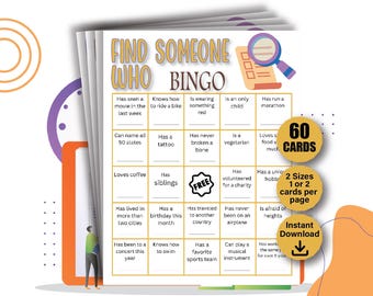 Bingo para conhecer você, encontre alguém com cartelas de bingo, bingo quebra-gelo, bingo humano, encontre o bingo convidado, jogo quebra-gelo, jogo para festa no escritório