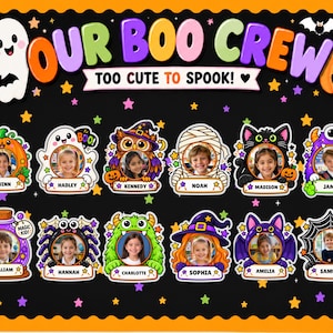 以下が含まれることがあります： OUR BOO CREW TOO CUTE TO SPOOKというタイトルの黒い掲示板。白い幽霊、カボチャ、フクロウ、ミイラ、猫、モンスターなどの12種類のキャラクターの切り抜きが配置され、それぞれの中に子供の写真と名前が収められています。