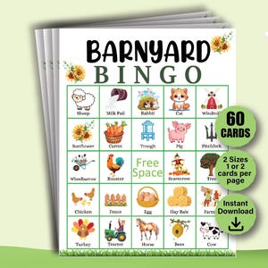 60 Barnyard Bingo Cards, Barnyard Bingo Games, Farm Bingo, Barnyard Party Activity, Farming Theme Games, Farm Party Game, Farm Bingo Games