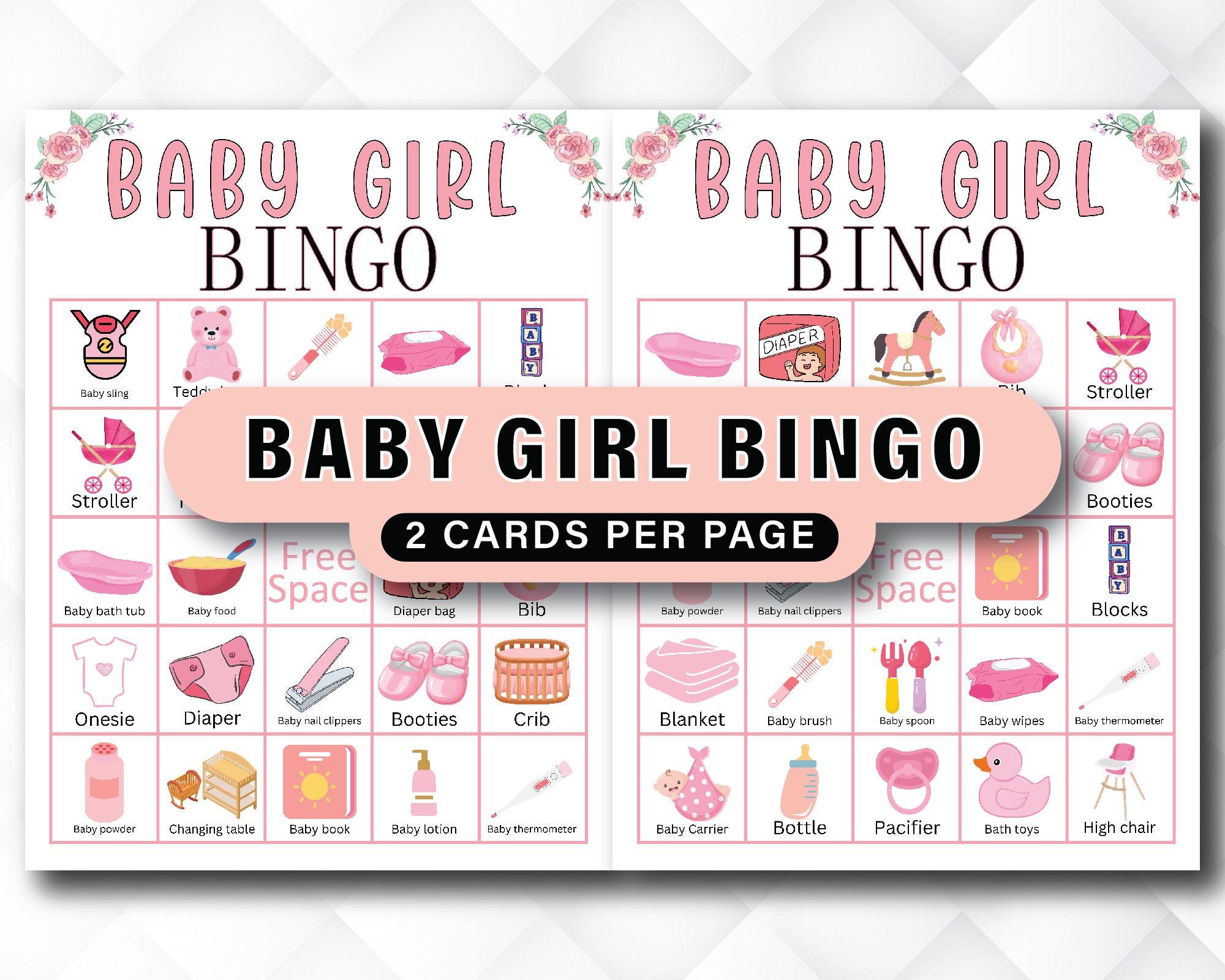 60 Girl Baby Bingo Cards, Baby Girl Shower Game, Pink Floral Bingo ...