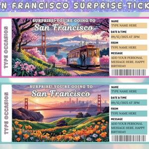 Könnte beinhalten: Zwei San Francisco Überraschungstickets mit Landschaftsillustrationen. Ein Ticket zeigt eine Cable Car und die Golden Gate Bridge mit rosa Akzenten. Das andere Ticket zeigt die Golden Gate Bridge mit orangefarbenen Blumen. Beide Tickets haben Felder zum Ausfüllen.