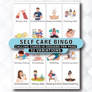 K&ouml;nnte beinhalten: Eine wei&szlig;e Karte mit Illustrationen von Selbstpflegeaktivit&auml;ten, darunter Schreiben, Tee trinken und tiefes Atmen. Die Karte tr&auml;gt die Aufschrift "SELF CARE BINGO" mit "CALLING CARDS: 16 DESIGNS PER PAGE" und "32 VARIATIONS".