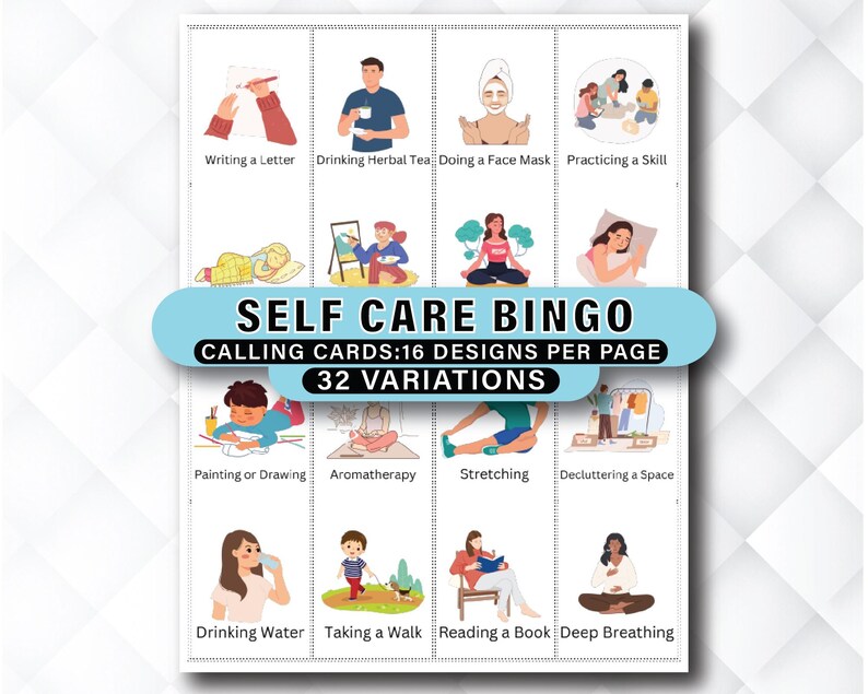 K&ouml;nnte beinhalten: Eine wei&szlig;e Karte mit Illustrationen von Selbstpflegeaktivit&auml;ten, darunter Schreiben, Tee trinken und tiefes Atmen. Die Karte tr&auml;gt die Aufschrift "SELF CARE BINGO" mit "CALLING CARDS: 16 DESIGNS PER PAGE" und "32 VARIATIONS".