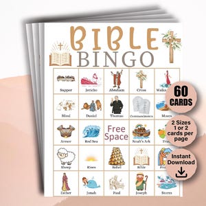 60 Bibel-Bingokarten, Bibelgeschichten-Bingo, Sonntagsschule, Christliche Spiele, Kirchen-Bingo, Bibelaktivität, Bibelaktivität für Kinder, Kirchen-Bingo