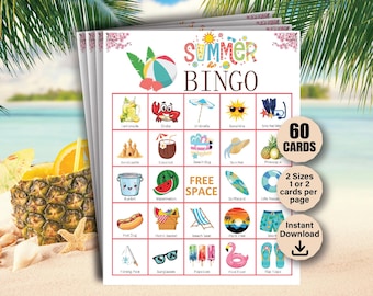Summer Bingo, 60 Summer Bingo Cards, Summer Game, Kid's Printable Bingo, Summer Activity, Summer Bingo Game for Kids, Summer Vacation Bingo