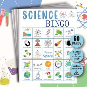 60 Cartões de Bingo de Ciências para Imprimir, Bingo de Química, Bingo Atômico, Bingo do Cientista Louco, Atividade de Ciências para Sala de Aula, Jogos de Ciências para Imprimir