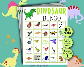 Könnte beinhalten: Ein Stapel Dinosaurier-Bingo-Karten mit grünem und weißem Design. Die Karten zeigen verschiedene Dinosaurier-Illustrationen und den Text "DINOSAUR BINGO". Zusätzlicher Text enthält "60 KARTEN", "2 Größen" und "Sofort-Download".