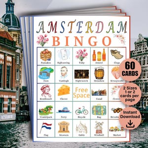 60 cartones de Bingo de Ámsterdam, Bingo de Viaje por Ámsterdam, Juego de Exploración Urbana, Bingo de los Países Bajos, Juego de Fiesta en Ámsterdam, Actividad de Fiesta en Ámsterdam