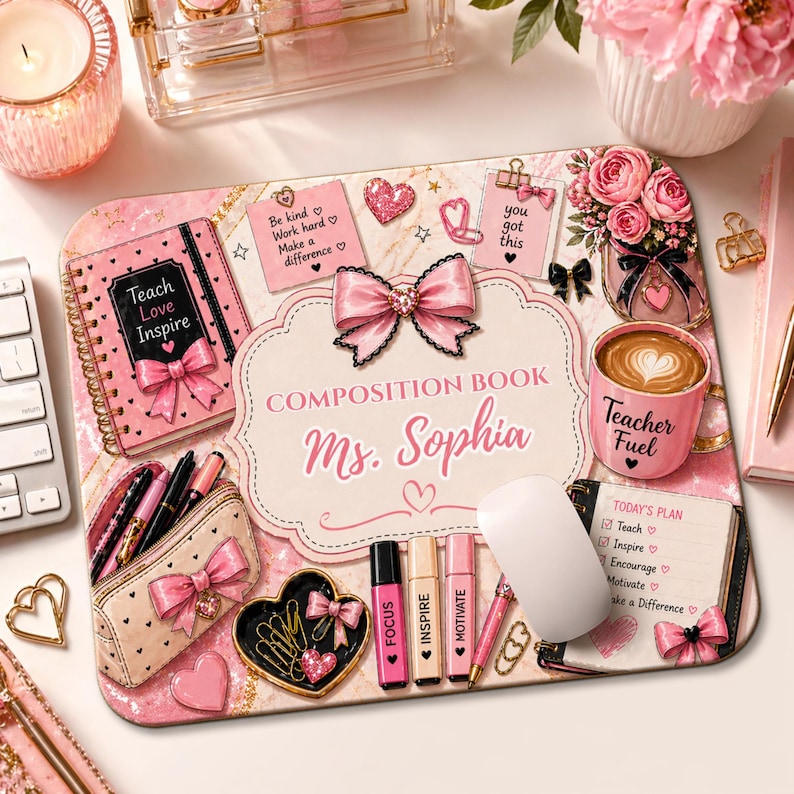 Pu&ograve; includere: Un tappetino per mouse rosa e bianco personalizzato con un design a quaderno. Il tappetino presenta un fiocco rosa, il testo "Ms. Sophia" e le parole "Teach Love Inspire". Altri elementi includono una tazza di caff&egrave;, penne e le parole "Teacher Fuel".