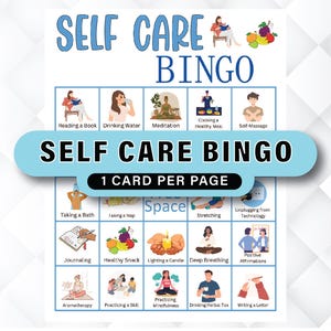 K&ouml;nnte beinhalten: Eine Selbstpflege-Bingo-Karte mit Illustrationen von Aktivit&auml;ten wie Lesen, Meditation und Tagebuchf&uuml;hren. Die Worte "SELF CARE BINGO" stehen oben, mit "1 CARD PER PAGE" unten. Die Karte befindet sich auf einem wei&szlig;en Hintergrund.