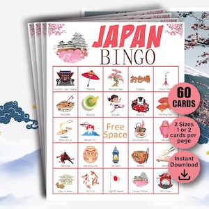 60 Japanse bingokaarten, Japanse reisbingo, Azië-reisvakantie, Japans themafeestspel, reisactiviteit Tokio, Japanse cultuurbingo