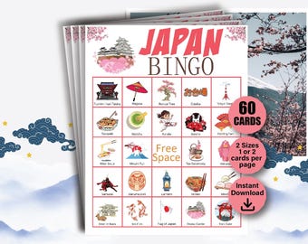 60 cartones de bingo de Japón, bingo de viaje a Japón, vacaciones en Asia, juego de fiesta con temática japonesa, actividad de viaje a Tokio, bingo de cultura japonesa