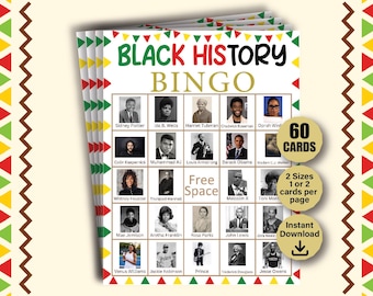 60 cartelle del bingo sulla storia dei neri, gioco del bingo per il mese della storia dei neri, festa per il mese della storia dei neri, attività per il mese della storia, giochi a quiz sulla storia dei neri