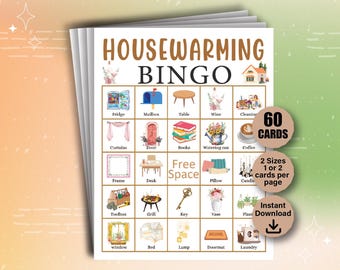 Puede incluir: Una tarjeta de bingo de inauguración de la casa imprimible con 60 tarjetas, 2 tamaños, 1 o 2 tarjetas por página. La tarjeta presenta imágenes de artículos para el hogar comunes como un refrigerador, un buzón, una mesa, vino, cortinas, una puerta, libros, una regadera, café, un marco, un escritorio, una almohada, una vela, una caja de herramientas, una parrilla, una llave, un jarrón, una planta, una ventana, una cama, una lámpara, un felpudo y una lavandería.