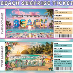 Puede incluir: Dos coloridos boletos sorpresa para la playa. El boleto superior tiene un borde rosa y presenta una escena de playa con la palabra "BEACH" en letras grandes y decorativas. El boleto inferior tiene un borde turquesa y una escena de playa similar. Ambos boletos incluyen campos para nombre, fecha, hora, ubicación y un mensaje.