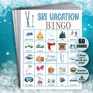 60 cartes de bingo sur les vacances au ski, jeux de bingo après-ski, jeu de vacances dans les montagnes, activités de voyage pour sports d'hiver, ski de snowboard, jeu de chalet de ski