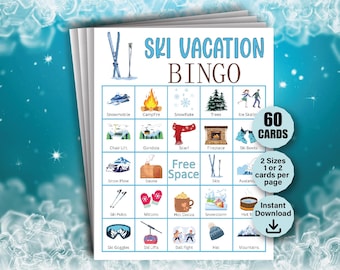Op de afbeelding: Een stapel ski-vakantie bingokaarten. De bingokaart heeft illustraties van winteractiviteiten en -items, waaronder een sneeuwscooter, kampvuur en skischoenen. De tekst "SKI VACATION BINGO" staat bovenaan. De kaart bevat ook de tekst "60 KAARTEN" en "Instant Download".