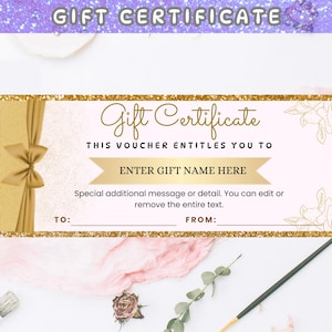 Könnte beinhalten: Ein Geschenkgutschein mit goldenem Rand und Akzenten. Die Worte "Gift Certificate" stehen oben. Das Zertifikat enthält Platz zum Schreiben eines Namens, einer Nachricht und der Absenderinformationen. Der Hintergrund ist hellrosa.