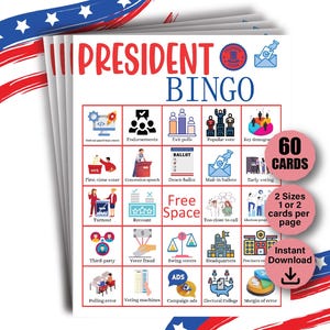 60 tarjetas de bingo de las elecciones de 2024, bingo de la noche de las elecciones, juego de fiesta de las elecciones de EE. UU., juego de las elecciones presidenciales, humor político, actividad electoral