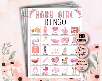 60 Mädchen-Baby-Bingokarten, Baby-Mädchen-Duschespiel, rosa Blumen-Bingokarten, Baby-Bingospiel, Babyparty-Bingokarten, es ist ein Mädchen-Bingospiele