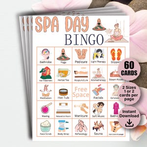 Bingo au spa, 60 cartes de bingo au spa, jeu de fête d'anniversaire au spa, soirée à thème spa, soirée spa, jeu spa, soirée cocooning, soirée manucure, soirée pédicure