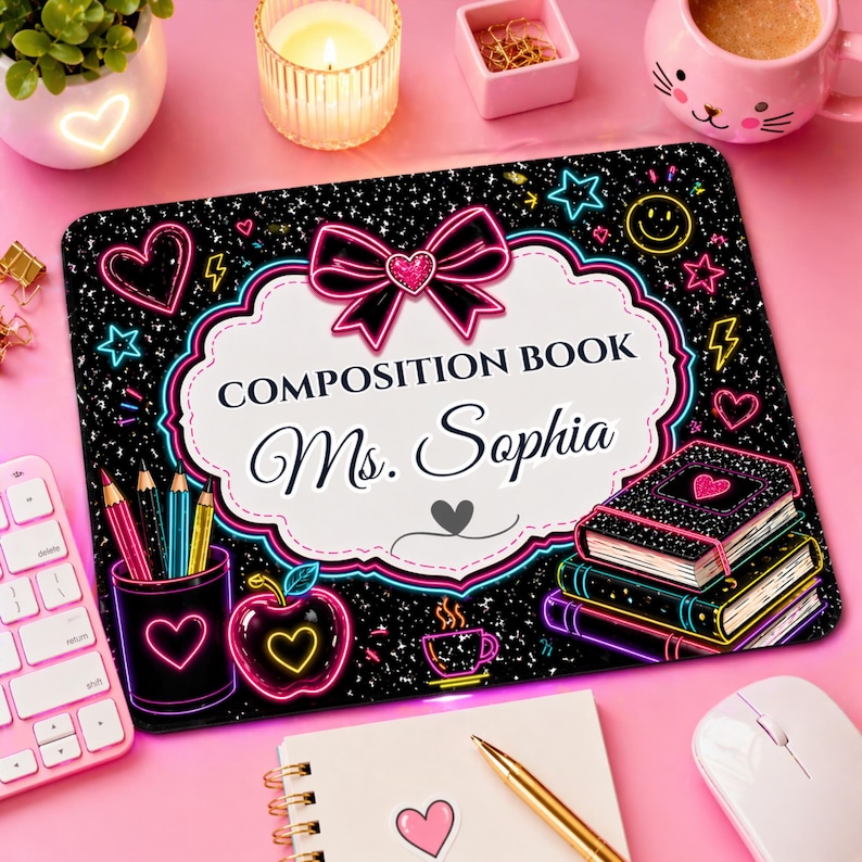 Pu&ograve; includere: Tappetino per scrivania nero con un design a quaderno, con il testo "COMPOSITION BOOK Ms. Sophia" su un'etichetta bianca. Il tappetino presenta accenti rosa e blu neon, cuori, stelle e un design a mela. &Egrave; visibile anche una pila di libri.