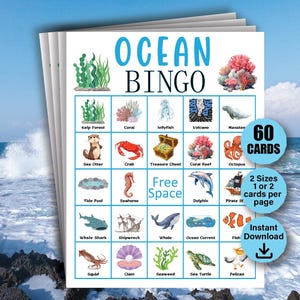 60 cartones de bingo del océano, actividad de bingo del océano, cartones de bingo bajo el mar, juego del océano, cartones de bingo con temática oceánica, cartones de bingo de animales marinos (PDF)