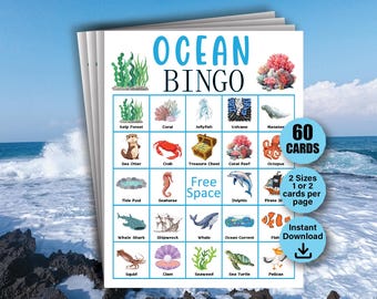 May include: A set of 60 ocean bingo cards with colorful illustrations of sea creatures, plants, and objects. The cards are printed on white paper and have a blue and white border. The text "OCEAN BINGO" is printed in blue at the top of the cards. The cards are available in two sizes: 1 or 2 cards per page. Instant download is available.
