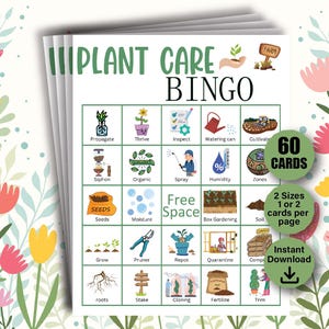 60 tarjetas de bingo para el cuidado de plantas, juego de cuidado de plantas para niños, bingo de jardinería, imprimible de jardín, actividad de jardín para el aula, tarjetas de bingo para fiestas en el jardín