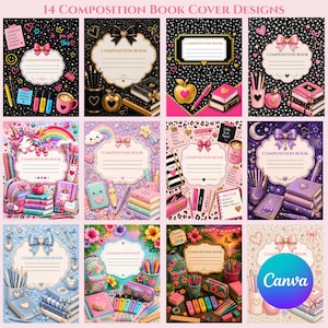 May include: A collection of 14 composition book cover designs featuring various themes including black backgrounds with hearts, unicorns, rainbows, tropical flowers, and school supplies. Each design includes a central label for a title.