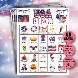Bingo du 4 juillet, 60 cartes de bingo du 4 juillet, Indépendance américaine, Bingo patriotique, Cartes de bingo du jour de l'indépendance, Jeux de bingo des États-Unis