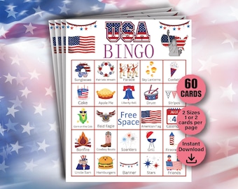 Bingo del 4 de julio, 60 cartones de bingo del 4 de julio, Independencia de Estados Unidos, Bingo patriótico, Cartones de bingo del Día de la Independencia, Juegos de bingo de EE. UU.