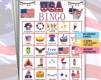 4th of July Bingo, 60 Fourth of July Bingo Cards, American Independence, Patriotic Bingo, Independence Day Bingo Cards, USA Bingo Games