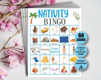 60 Nativity Bingo Cards, Christmas Nativity Bingo, Nativity Game Activity, Christmas Bingo Game, Native Bingo Cards, Baby Jesus Bingo Game