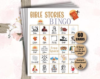 60 Bible Bingo Cards, Bible Stories Bingo, Sunday School Bingo, Bible Activity For Kids, Bible Stories Game, Church Gathering Activity