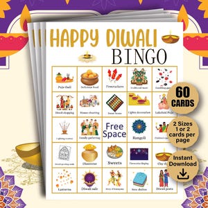 60枚のディワリビンゴカード、ディワリパーティーゲーム、デシ・インディアンパーティーアクティビティ、印刷可能なディワリファミリーフェスティバル、ディワリパーティーアクティビティ、PDF
