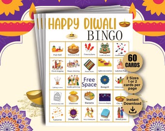 60 Diwali Bingo Karten, Diwali Party Spiele, Desi Indianer Party Aktivitäten, Printable Diwali Familienfest, Diwali Party Aktivitäten, PDF