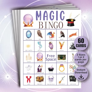 May include: A stack of Magic Bingo cards with a purple and white design. The cards feature illustrations of magical items and creatures, including a crystal ball, owl, dragon, and cauldron. The text on the cards includes "Magic Bingo", "60 Cards", and "Instant Download".