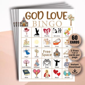 60 Götter lieben Bingokarten, Bibel-Bingokarte, Kirchenbingospiel, Bibel-Christliches-Spiel, Sonntagsschulspiel, Kirchenliebe-Bingo, Jesus-Liebesbingo