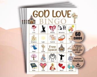 60 Gudar Kärlek Bingokort, Bibel Bingokort, Kyrko Bingospel, Bibel Kristet Spel, Söndagsskolespel, Kyrko Kärlek Bingo, Jesus Kärlek Bingo